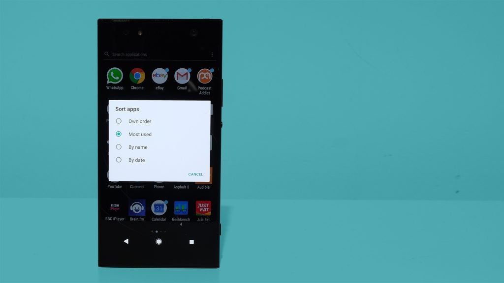 Sony XA2 Ultra smartphone displaying application sorting menu.