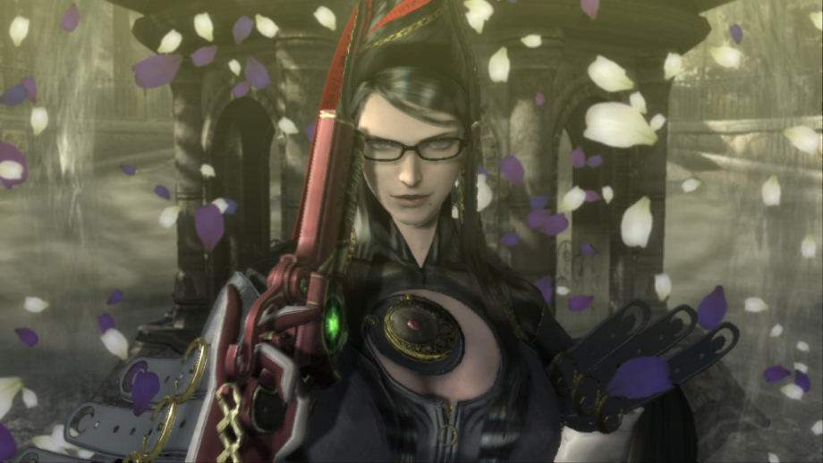 Bayonetta character close-up with glasses and red weapon.