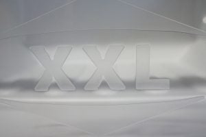 Close-up of XXL logo on Whirlpool freezer door