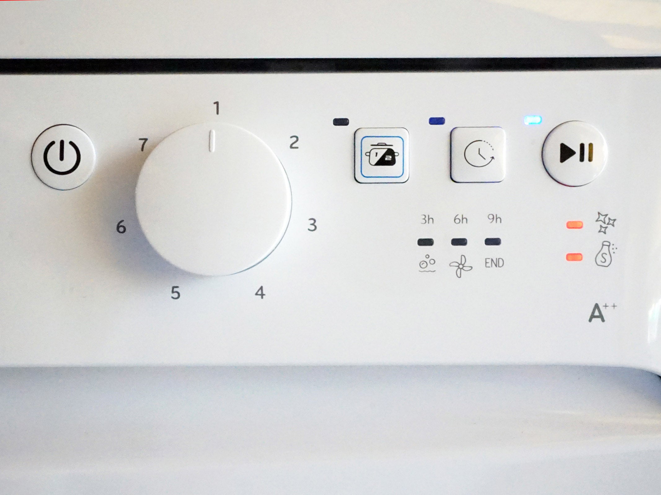 Control panel of Indesit dishwasher with program icons and energy rating.