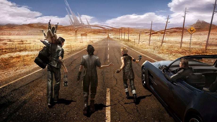 Final Fantasy XV characters on a road trip in a desert.