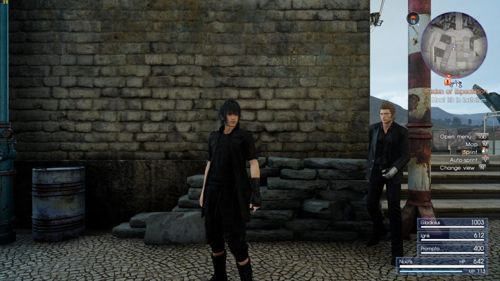 Screenshot of Final Fantasy XV gameplay with UI elements.