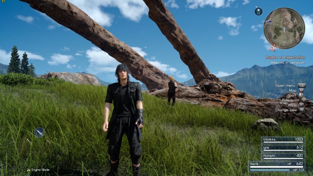 Screenshot of Final Fantasy XV gameplay with on-screen HUD.Screenshot of Final Fantasy XV gameplay with character Noctis.