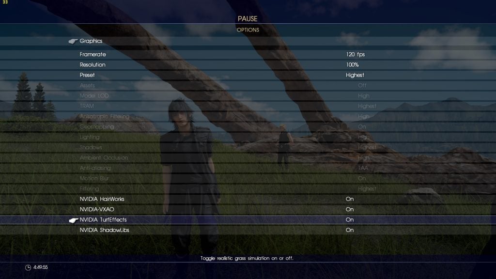 In-game graphics settings menu for Final Fantasy 15 Windows Edition