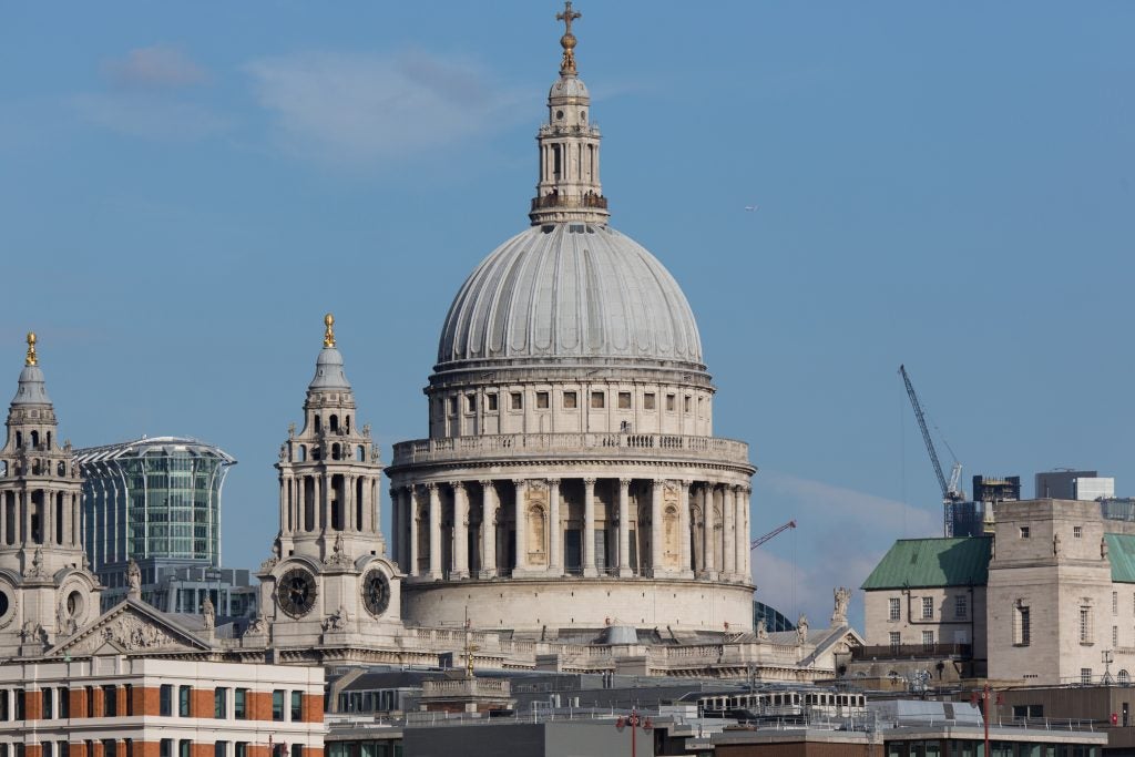 Close-up photo of St Paul's Cathedral dome in daylight.