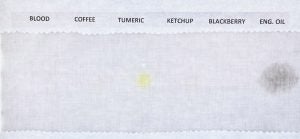 Stain removal test results on fabric with various substances.