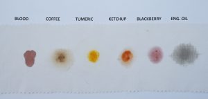 Stain removal test results on fabric with various substances.