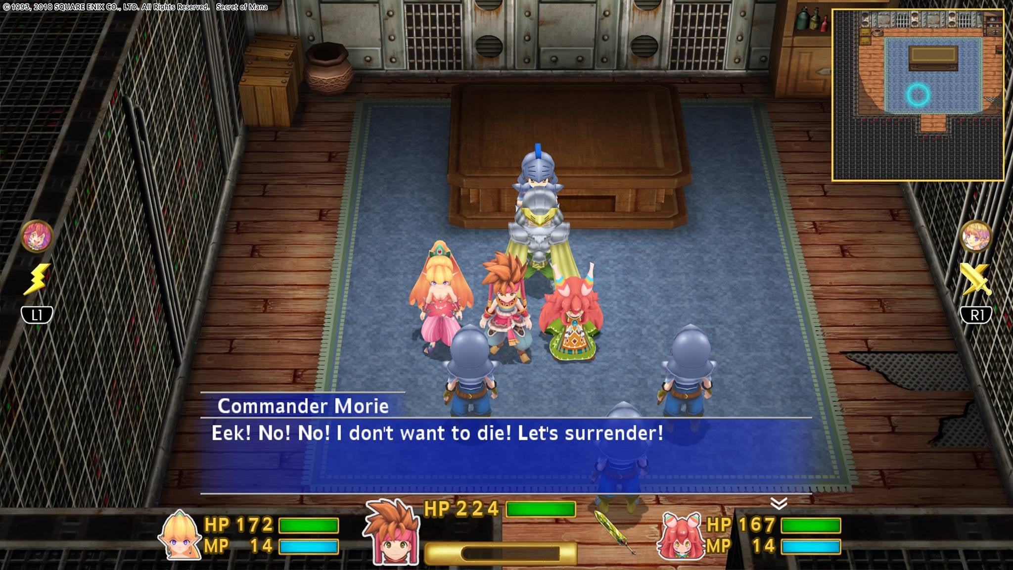 Screenshot of Secret of Mana gameplay with dialogue box