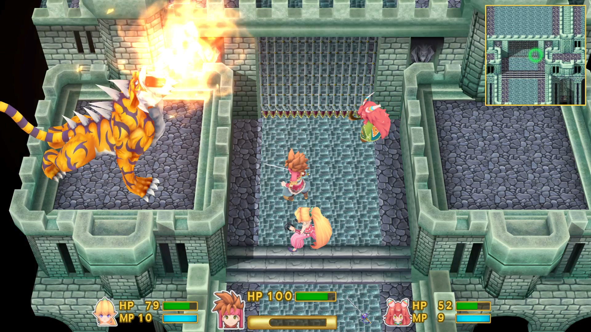 Screenshot of Secret of Mana gameplay with characters fighting a boss.