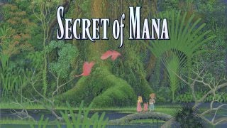 Secret of Mana game artwork with characters and lush scenery.