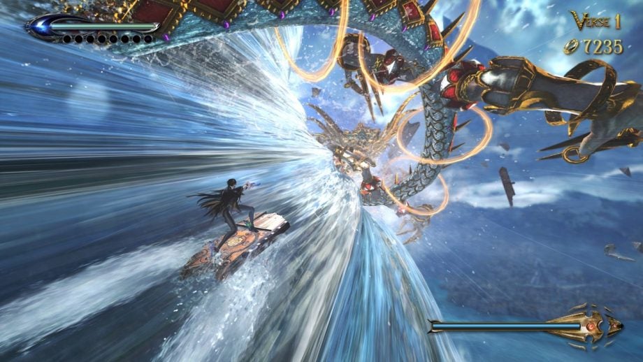Screenshot of Bayonetta character surfing on waves fighting enemies.