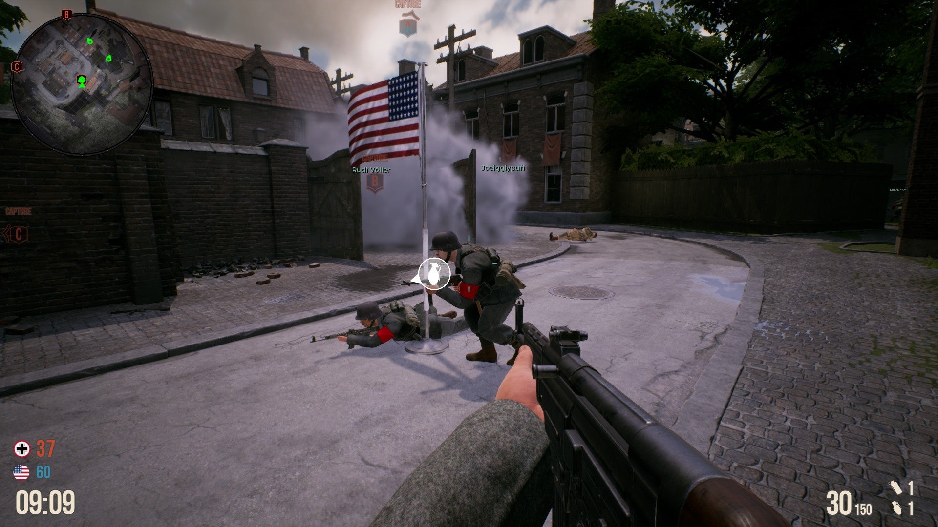 Screenshot of Battalion 1944 gameplay showing soldiers and flag capture.