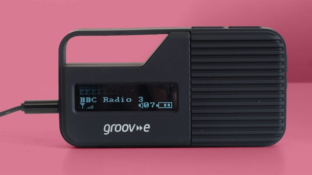 Groov-e Rio portable radio displaying BBC Radio 3 station.