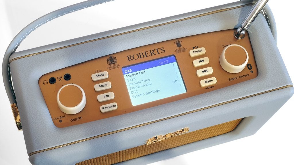Roberts Revival RD70 digital radio in light blue leatherette finish.