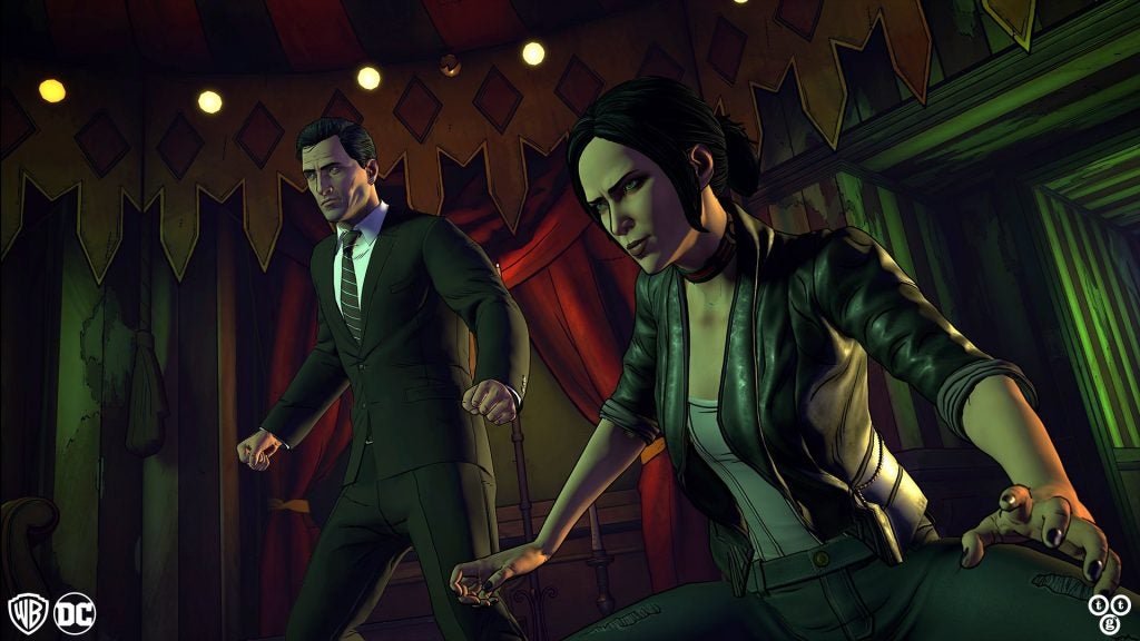 Bruce Wayne and female character in stylized game artwork.
