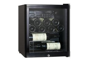 Currys Essentials CWC15B14 wine cooler stocked with bottles.