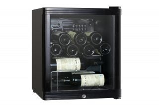 Currys Essentials CWC15B14 wine cooler stocked with bottles.