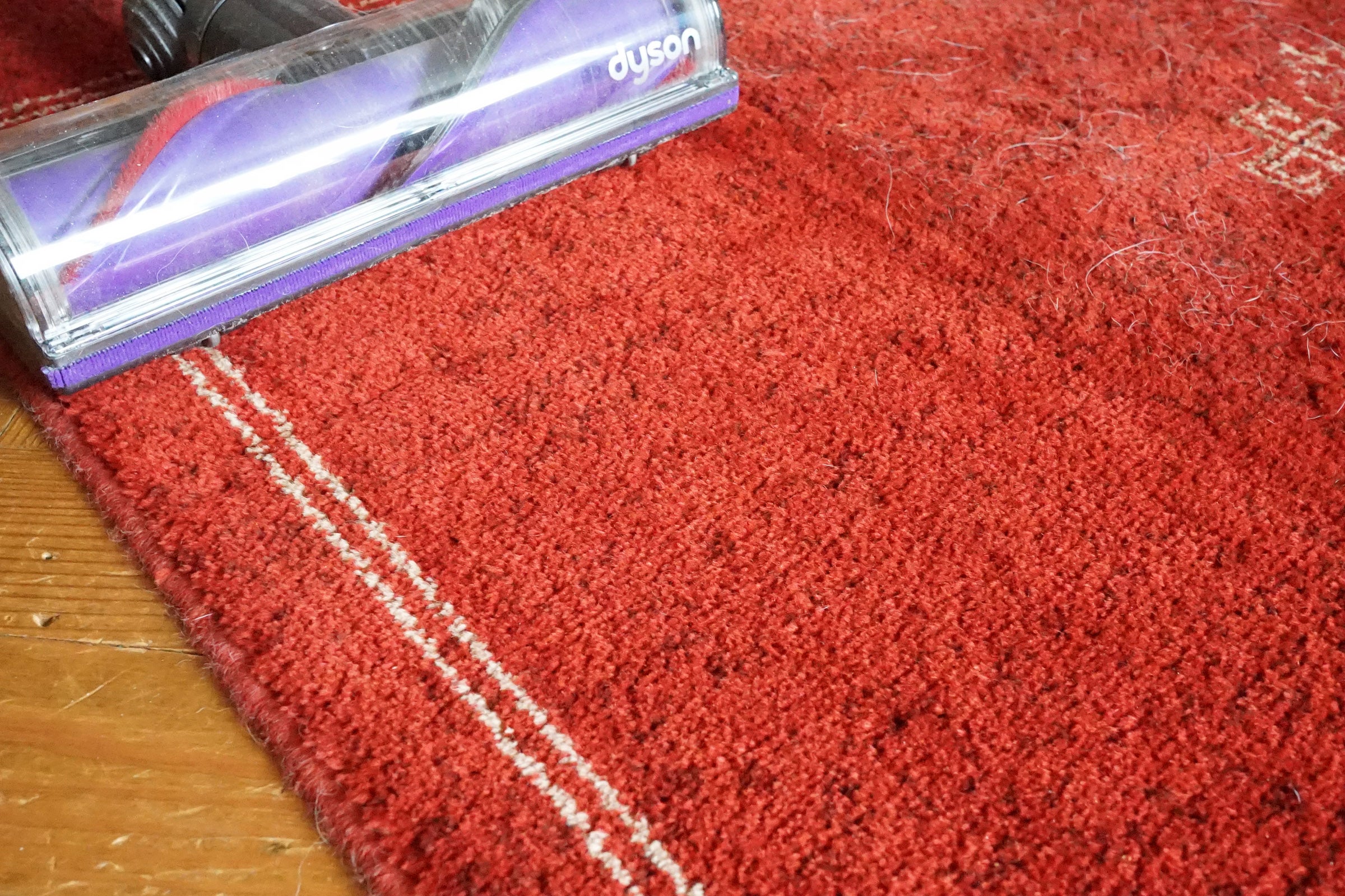 Dyson Cyclone V10 vacuum cleaning a red carpet.