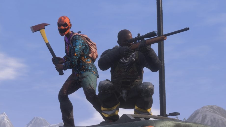 Two H1Z1 game characters, one with axe, the other with rifle.