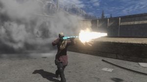 Player in H1Z1 shooting a flamethrower at opponents.
