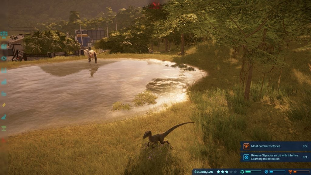 Screenshot from Jurassic World Evolution game with dinosaurs and HUD elements.