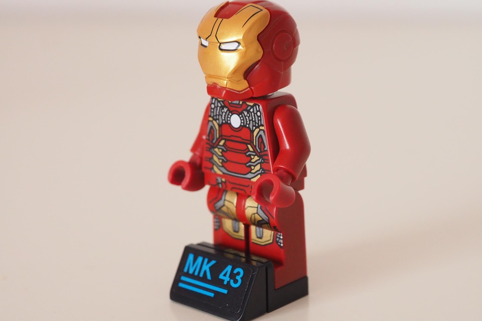 LEGO Iron Man minifigure labeled MK 43 on display stand