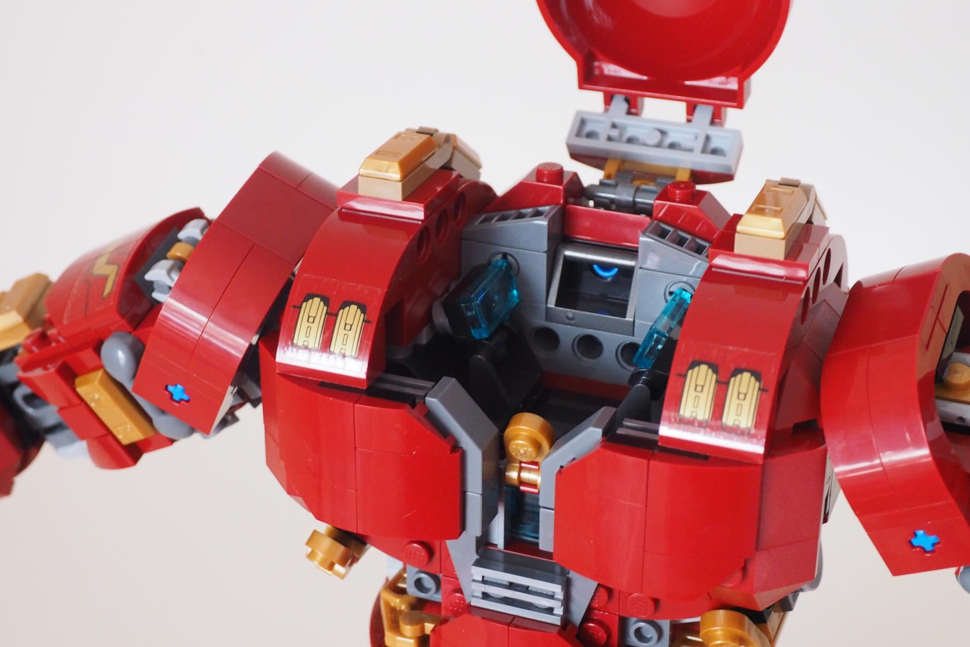 Close-up of LEGO Marvel Hulkbuster Ultron Edition set chest and head.