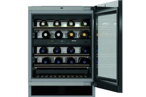 Miele wine conditioning unit with bottles and control panel visible
