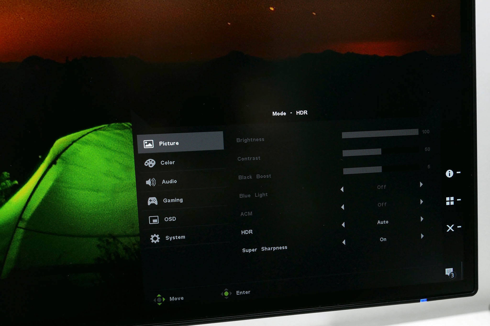 Acer ProDesigner PE320QK monitor displaying on-screen menu settings.
