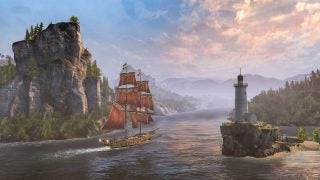 Assassin's Creed Rogue Remastered game scene with ship and lighthouse.