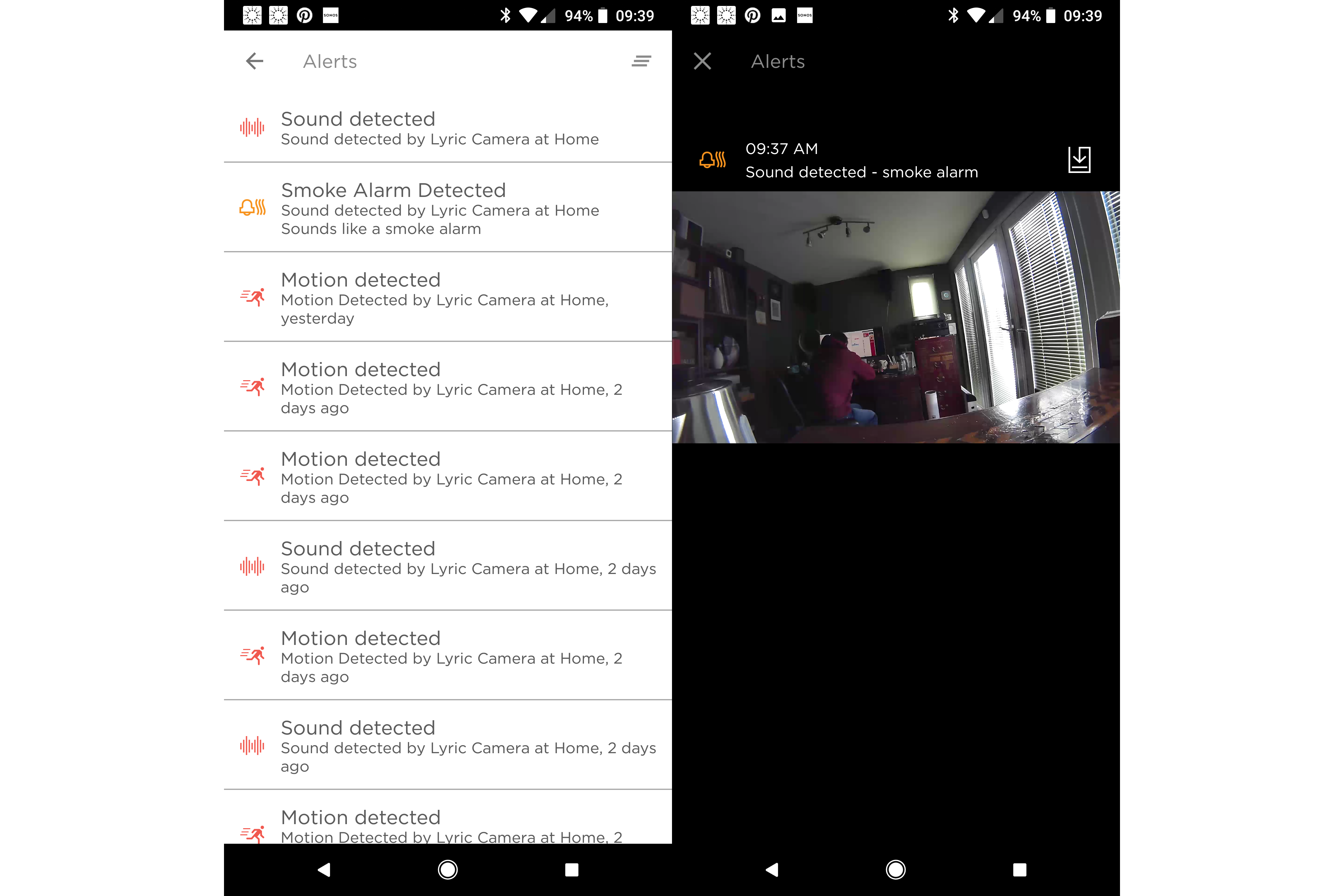 Honeywell Lyric C2 app alerts and camera view of a room.