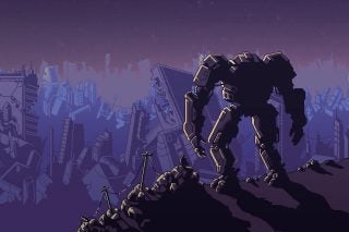 Giant mech overlooking a pixelated cityscape at dusk.
