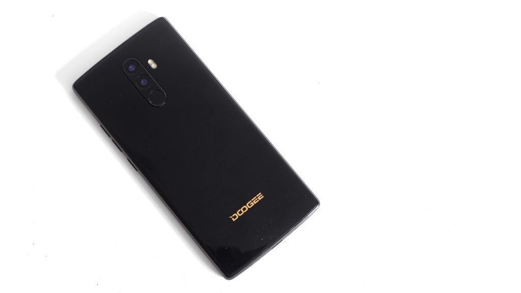 Doogee Mix 2 smartphone with dual rear cameras on white background.