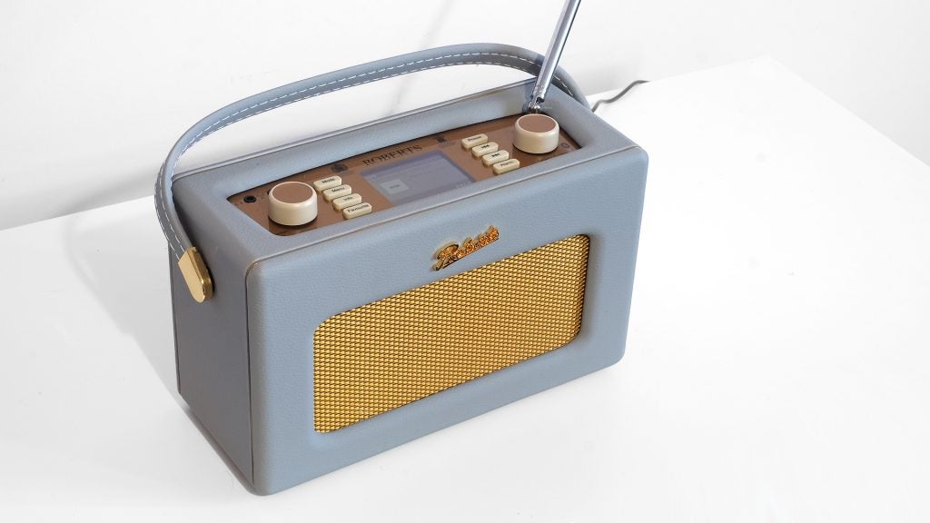Roberts Revival RD70 digital radio in blue with gold detailing.