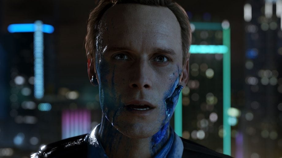 Close-up of Detroit: Become Human game character with blue blood.