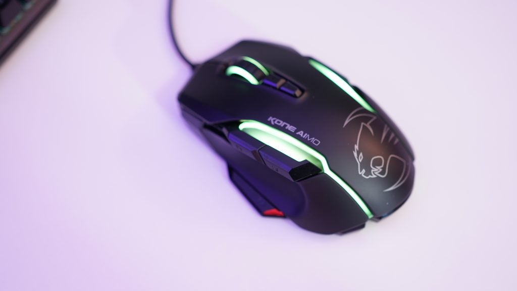 Roccat Kone Aimo gaming mouse with illuminated logo and accents.