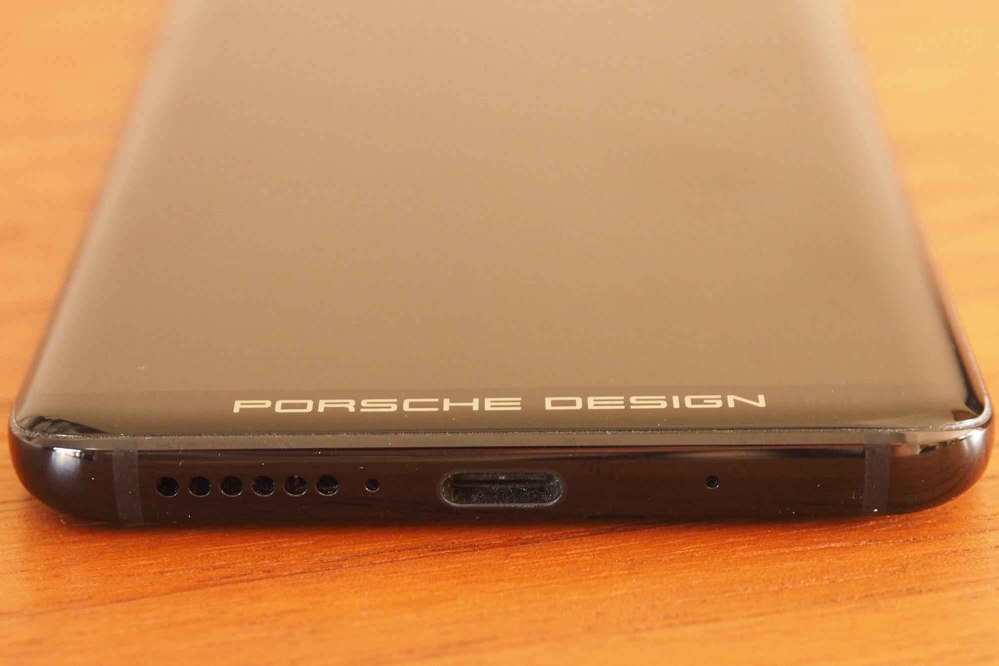 Close-up of Huawei Mate RS Porsche Design smartphone bottom edge.