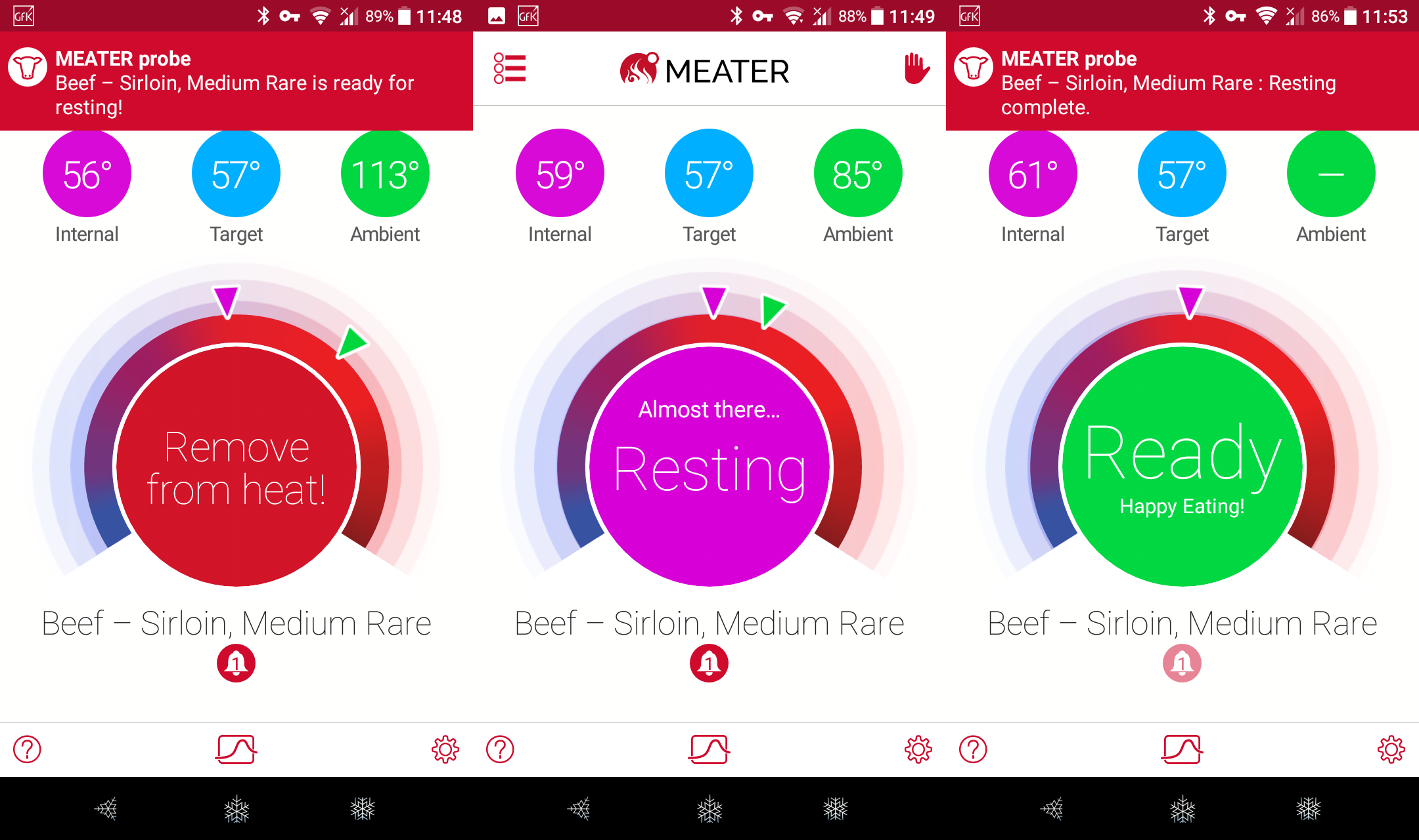 Screenshots of Meater app stages for cooking sirloin to medium rare.