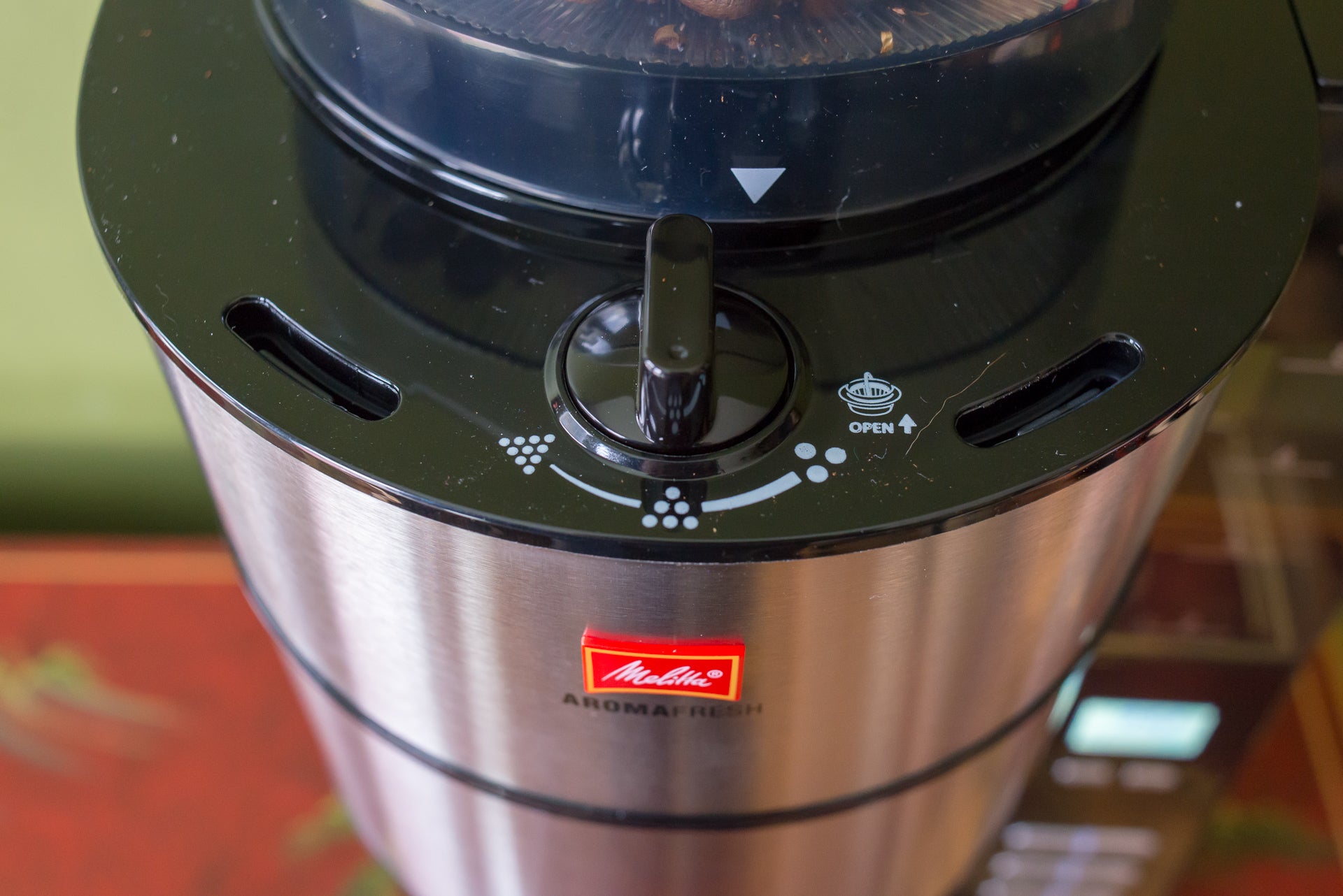 Close-up of Melitta AromaFresh Grind and Brew coffee maker.