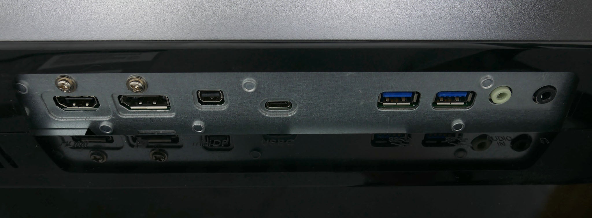 Close-up of Philips 436M6VBPAB monitor's connectivity ports.