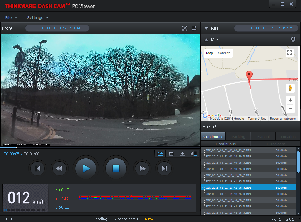 Thinkware F100 dash cam interface with GPS map and footage.