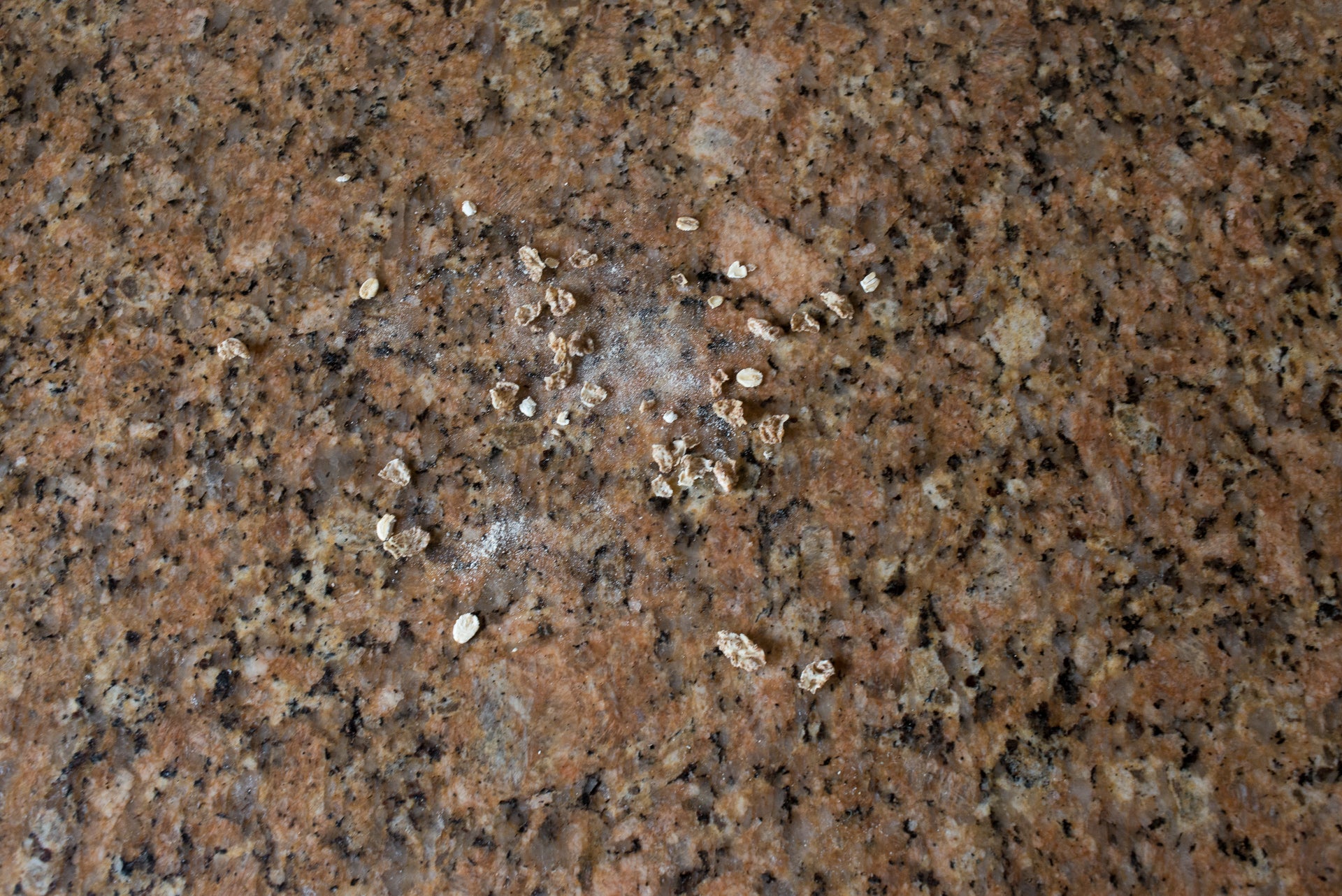 Messy crumbs scattered on granite countertop for vacuum test.