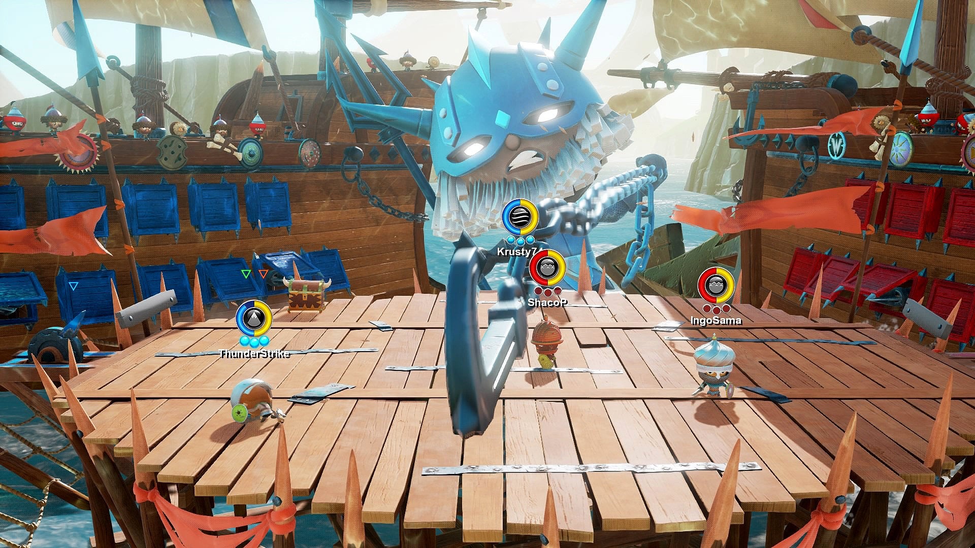 World of Warriors gameplay scene with characters on ship deck.