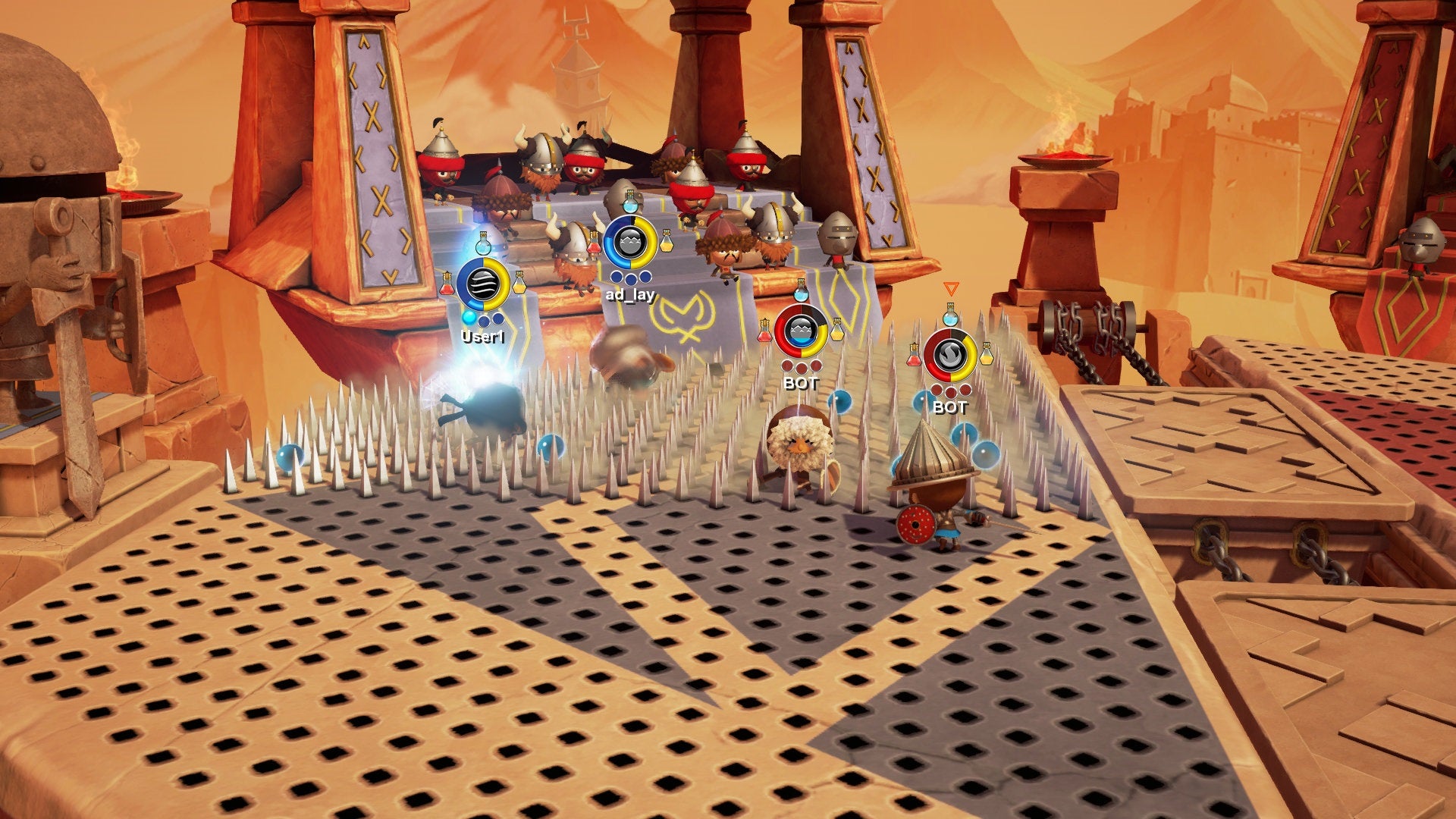 Screenshot of World of Warriors gameplay with characters and obstacles.