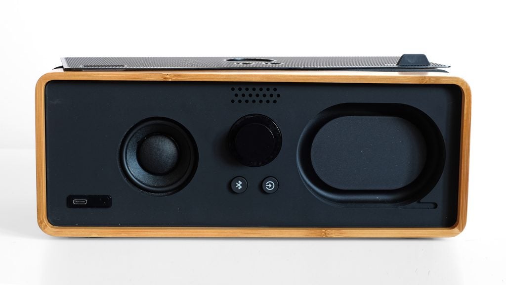 Orbitsound E30 speaker with wood finish and control buttons.