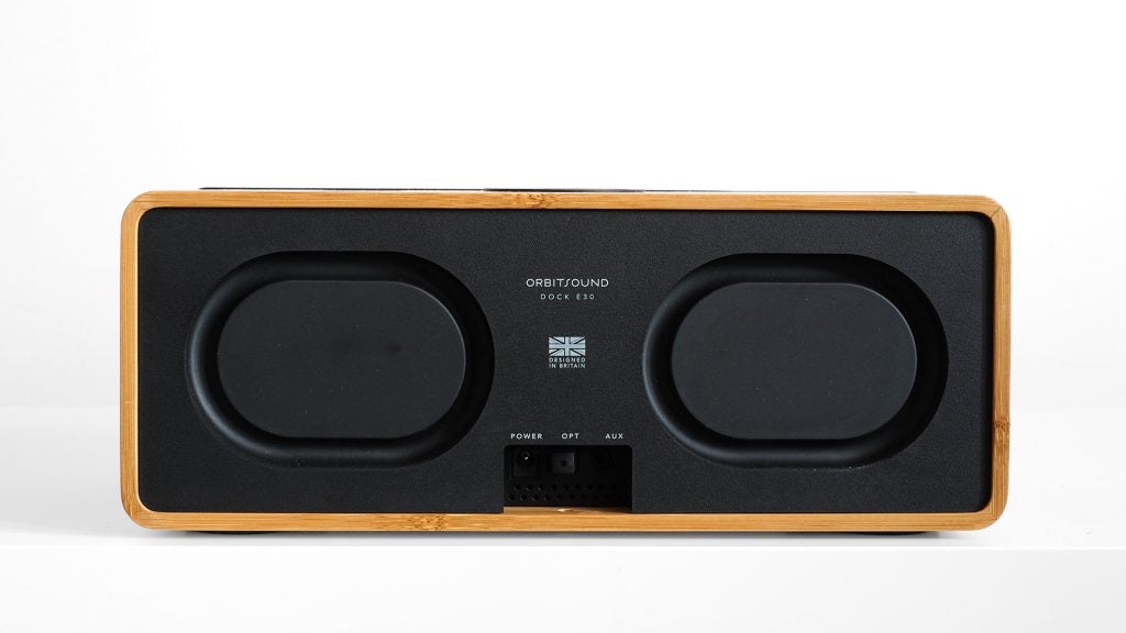 Orbitsound Dock E30 speaker with wooden accents on white background.