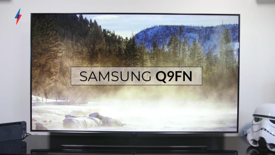 Samsung Q9FN television displaying scenic snowy landscape.