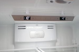 Bertazzoni refrigerator interior with digital temperature display.