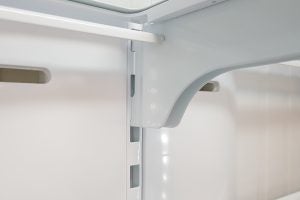 Close-up of Bertazzoni REF90X refrigerator interior shelf detail.