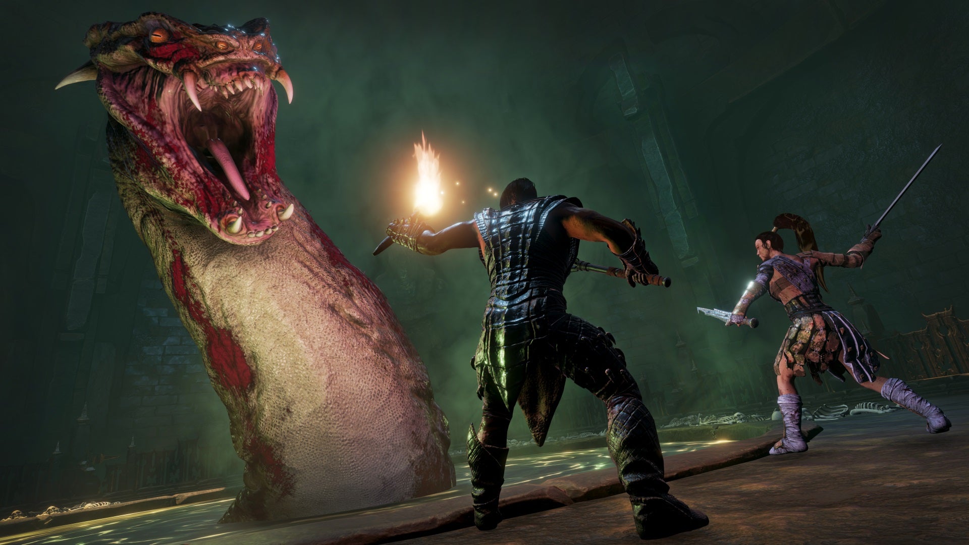 Players fighting a large monster in Conan Exiles game.
